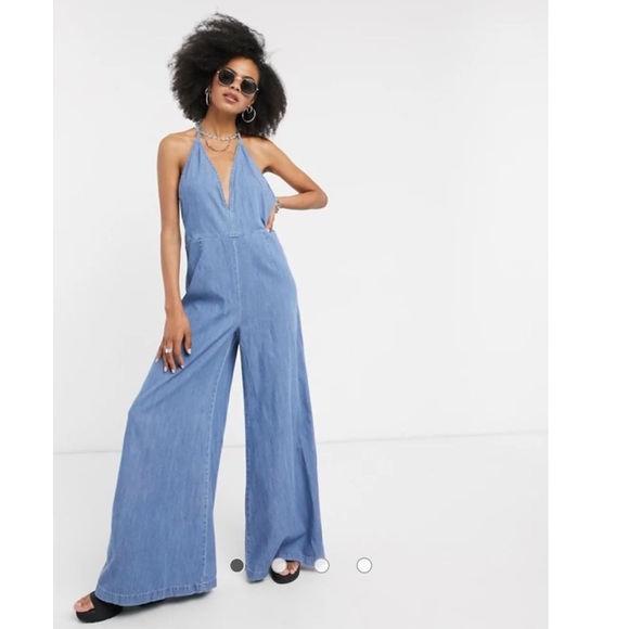 Free People Retro Wide Leg Denim Halter Jumpsuit - Picture 3 of 12